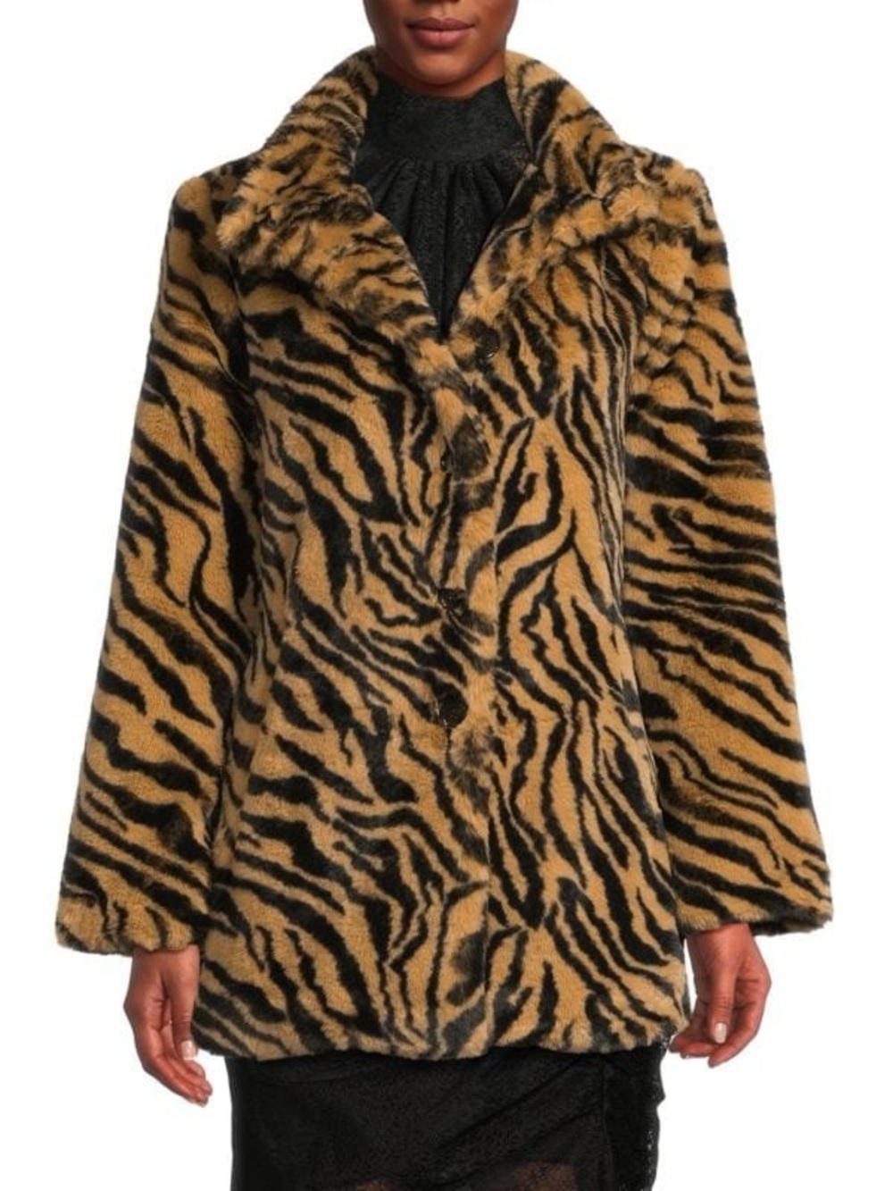 Faux Fur Tiger-Print Coat - Black and Tan
